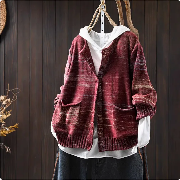 Colorful Thread Mixed Woven Cotton Knitted Cardigan Red - Shop at LoveMi