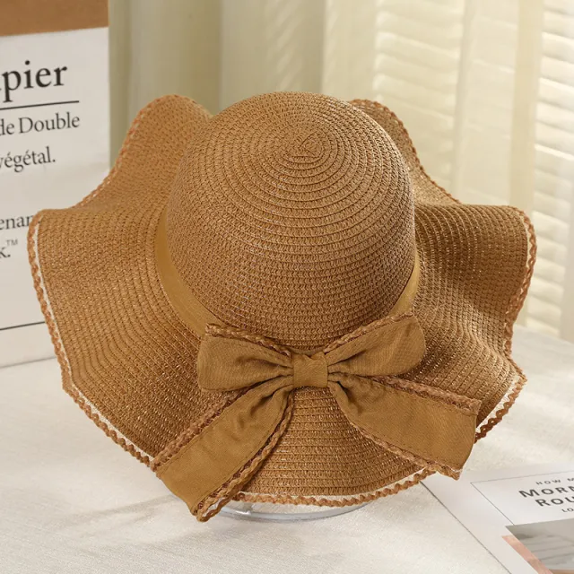 Korean Version Fashion Bowknot Big Brim Hat Khaki - Shop at LoveMi