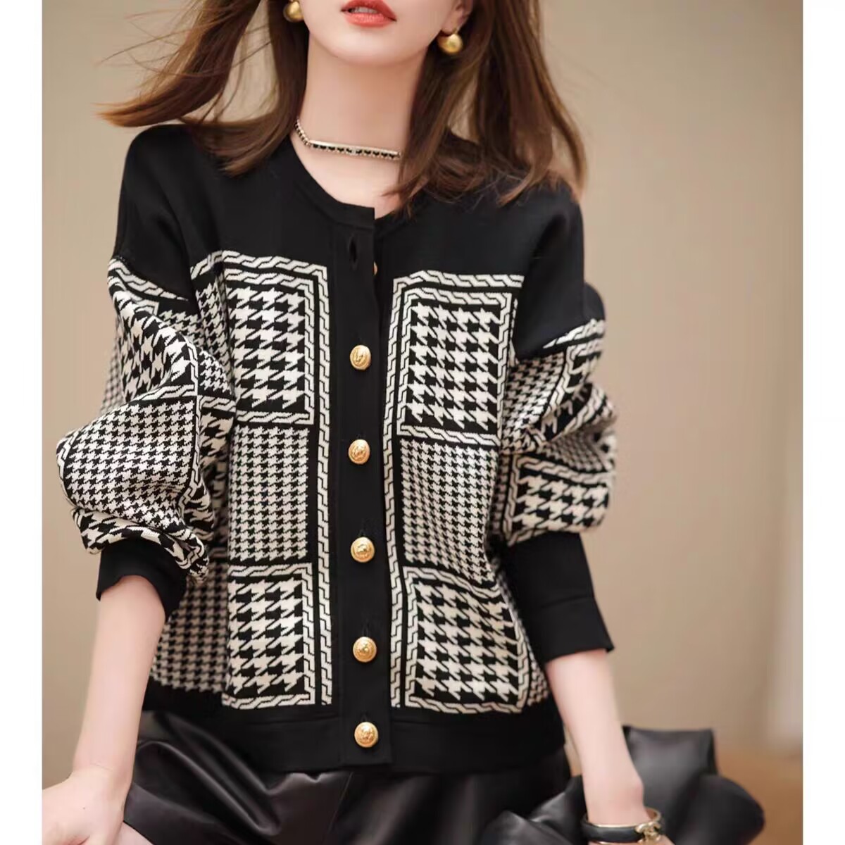 Title 2, Plus Size Retro Houndstooth Knitwear For Women