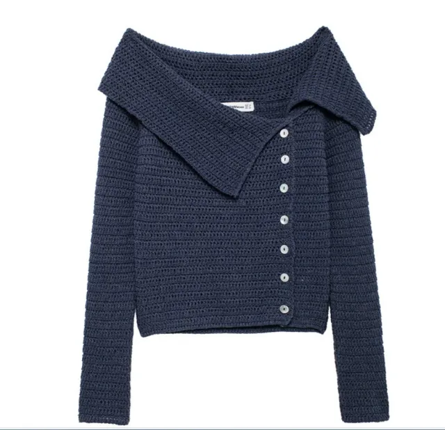 Women's Asymmetric Design Long Sleeve Diagonal Collar Sweater Navy - Shop at LoveMi