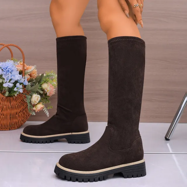 Large Size Round Toe Platform Below The Knee Boots Brown - Shop at LoveMi