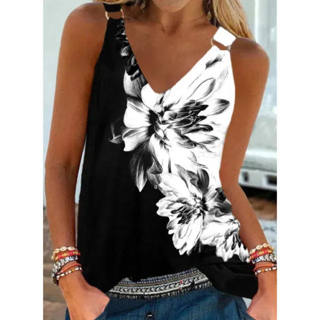 Black And White Floral Digital Print Casual Camisole White - Shop at LoveMi