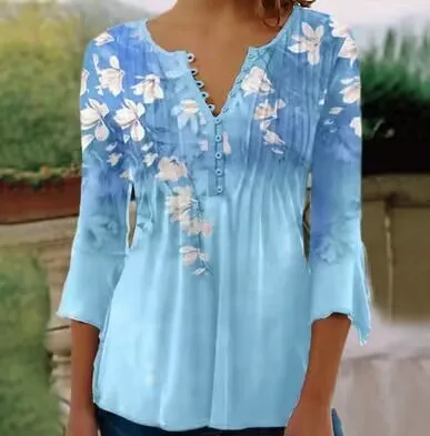 Women's Trendy V neck 3D Printing Long Sleeve Underwear Blouse S231000187 - Shop at LoveMi
