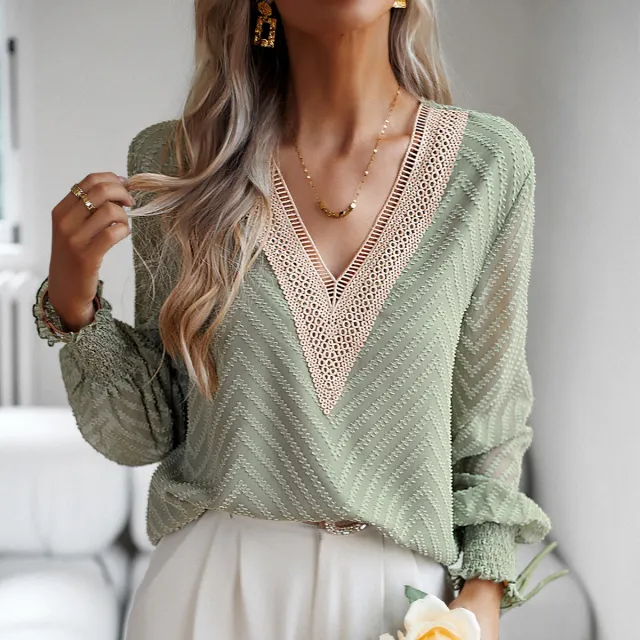 European And American V neck Long Sleeve Shirt Women Light Green - Shop at LoveMi