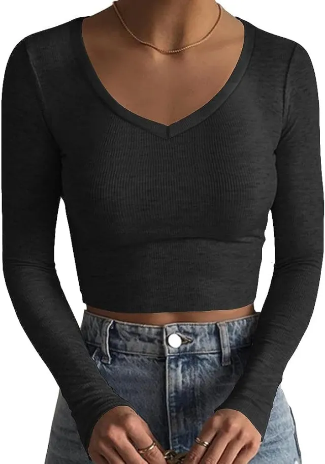 V neck Cropped Rib Knitted Slim T shirt Basic Black - Shop at LoveMi