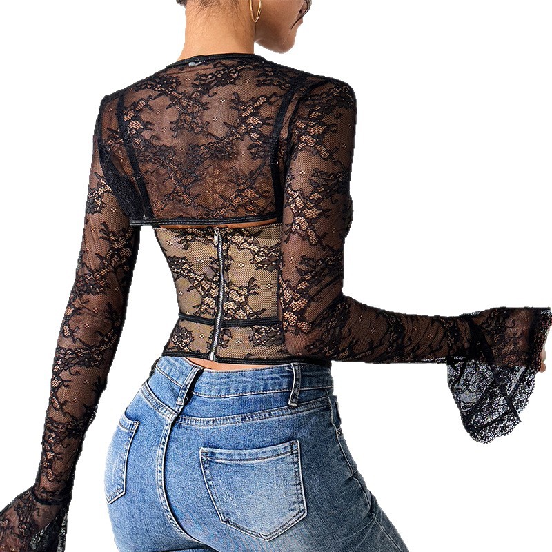 Mesh See-through Backless Long Sleeves Shawl New Two-piece Suit