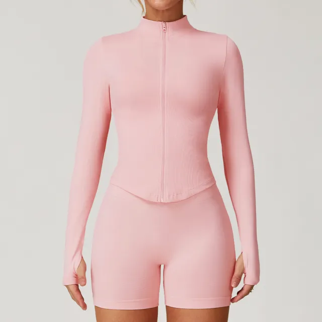 Stand Collar Long sleeve Zipper Yoga Coat Female Quick drying Exercise Top Peach Pink - Shop at LoveMi