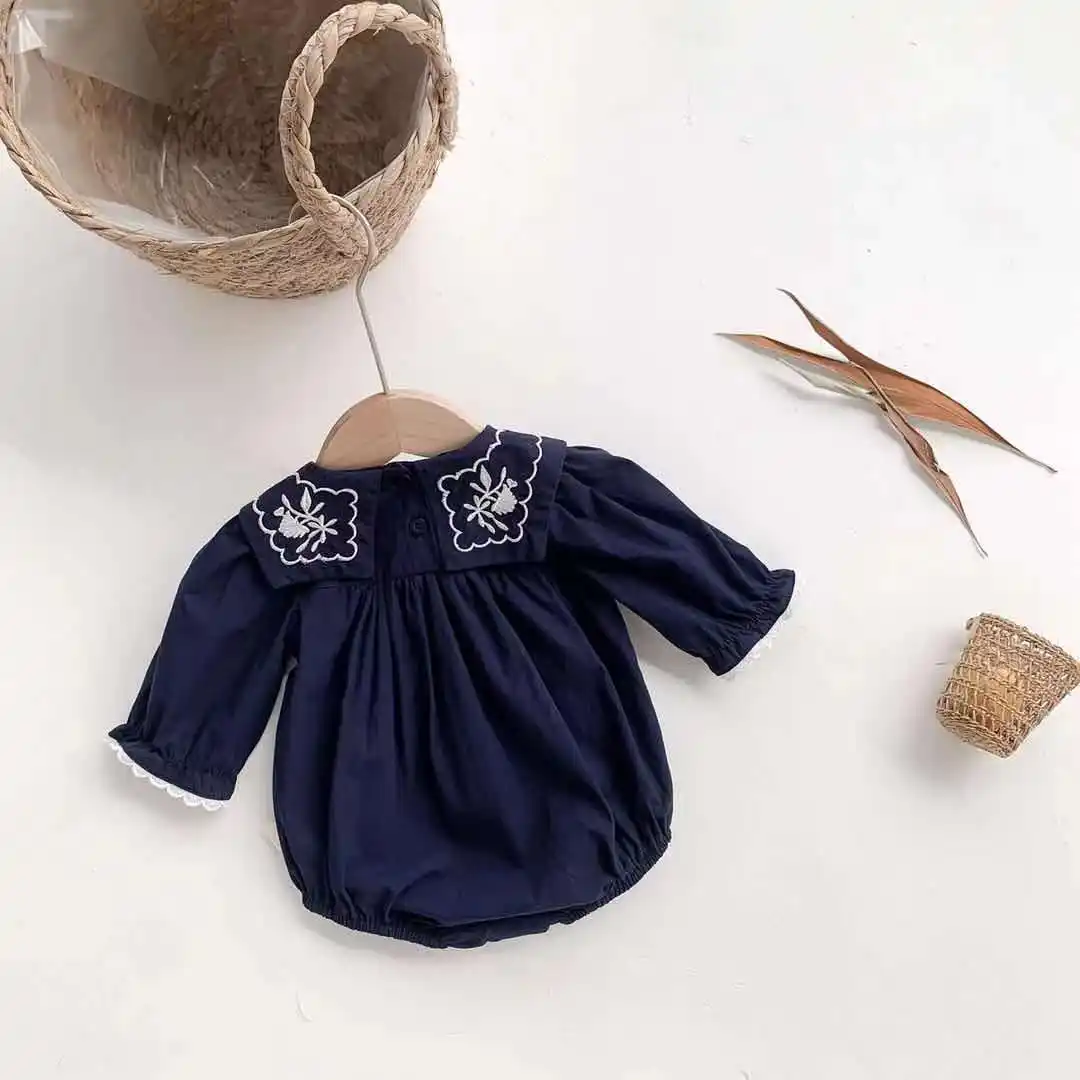 Navy Style Embroidered Collar Onesie Infant