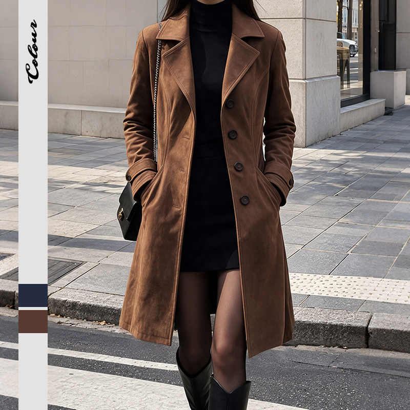 Vintage Suit Collar Long Woolen Coat Women's Clothing