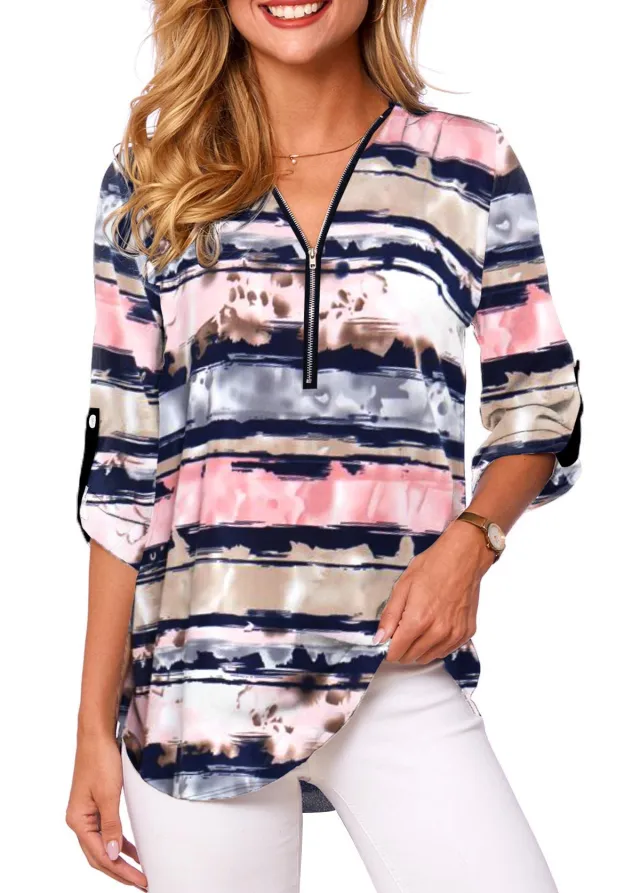 V neck Zipper Long Sleeve Rollable Sleeves Loose Shirt Element 1 - Shop at LoveMi