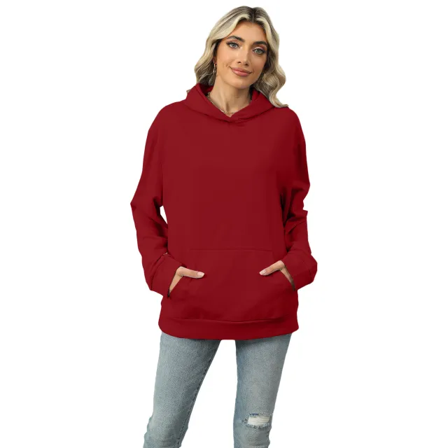 Casual Hooded Pocket Sweatshirt Women Wine - Shop at LoveMi
