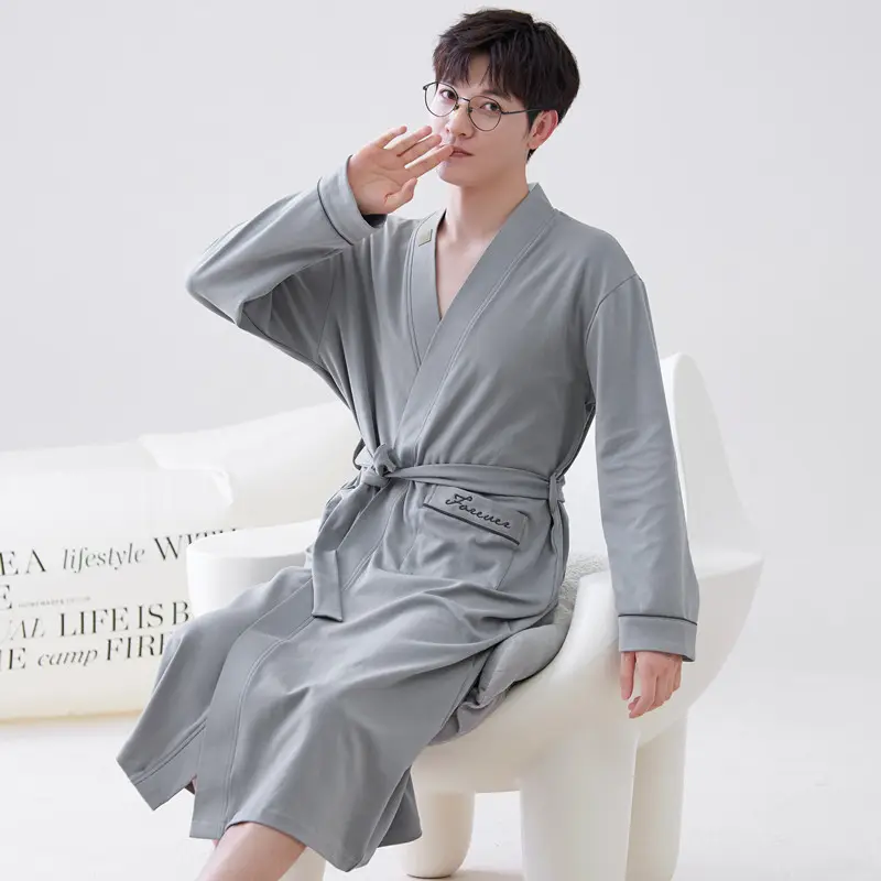 Long-sleeve Mens Home Wear Long and Thin Nightgown