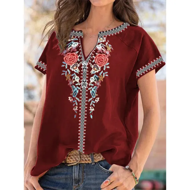 Summer New Ethnic Print Short Sleeve T shirt Top Women Wine - Shop at LoveMi