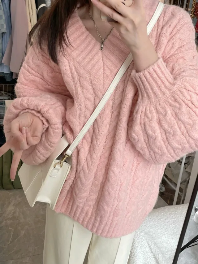 V neck Thickening Cable knit Sweater Women Pink - Shop at LoveMi