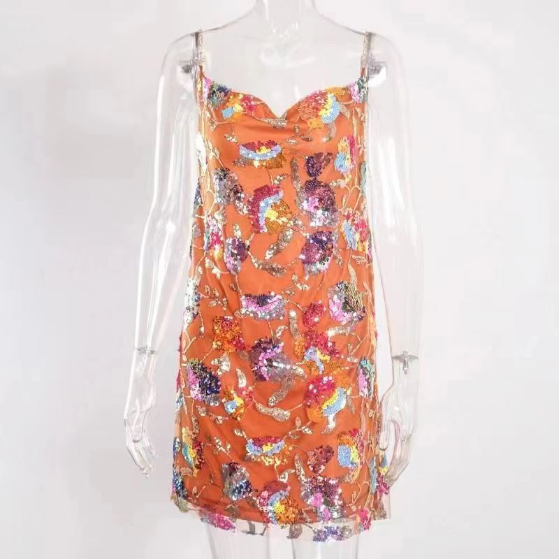 Popular Off neck Backless Sequined Floral Dress For Women Orange - Shop at LoveMi