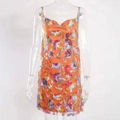 Popular Off-neck Backless Sequined Floral Dress For Women - Orange - View 1