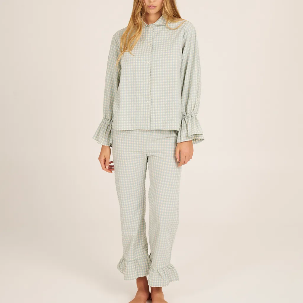 Women's Casual Two-piece Suit Bell Sleeve Top Mesh Trousers - Light Bean Green