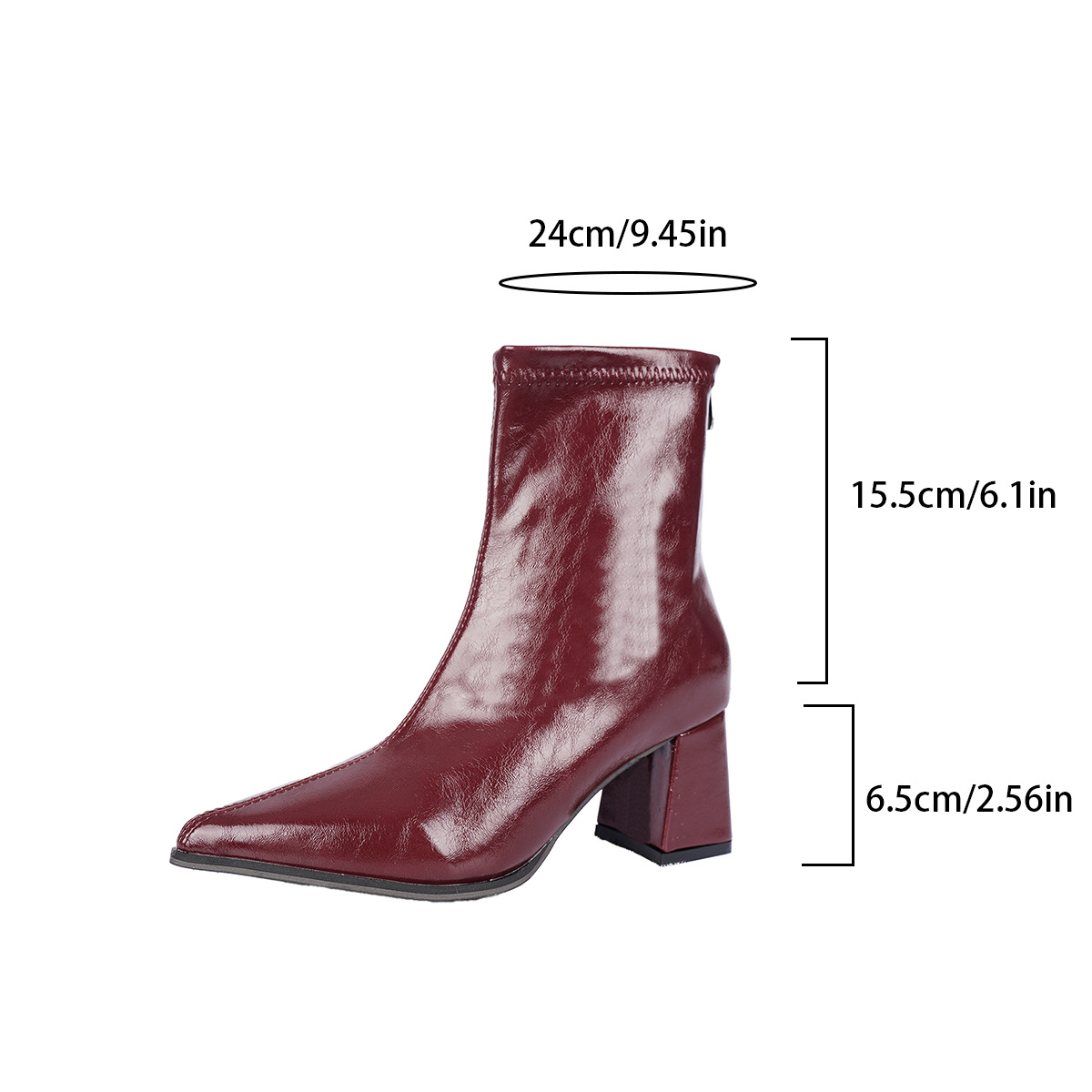 Women's Pointed-Toe Block-Heel Ankle Boots - pictured boot heel shaft and opening measurements