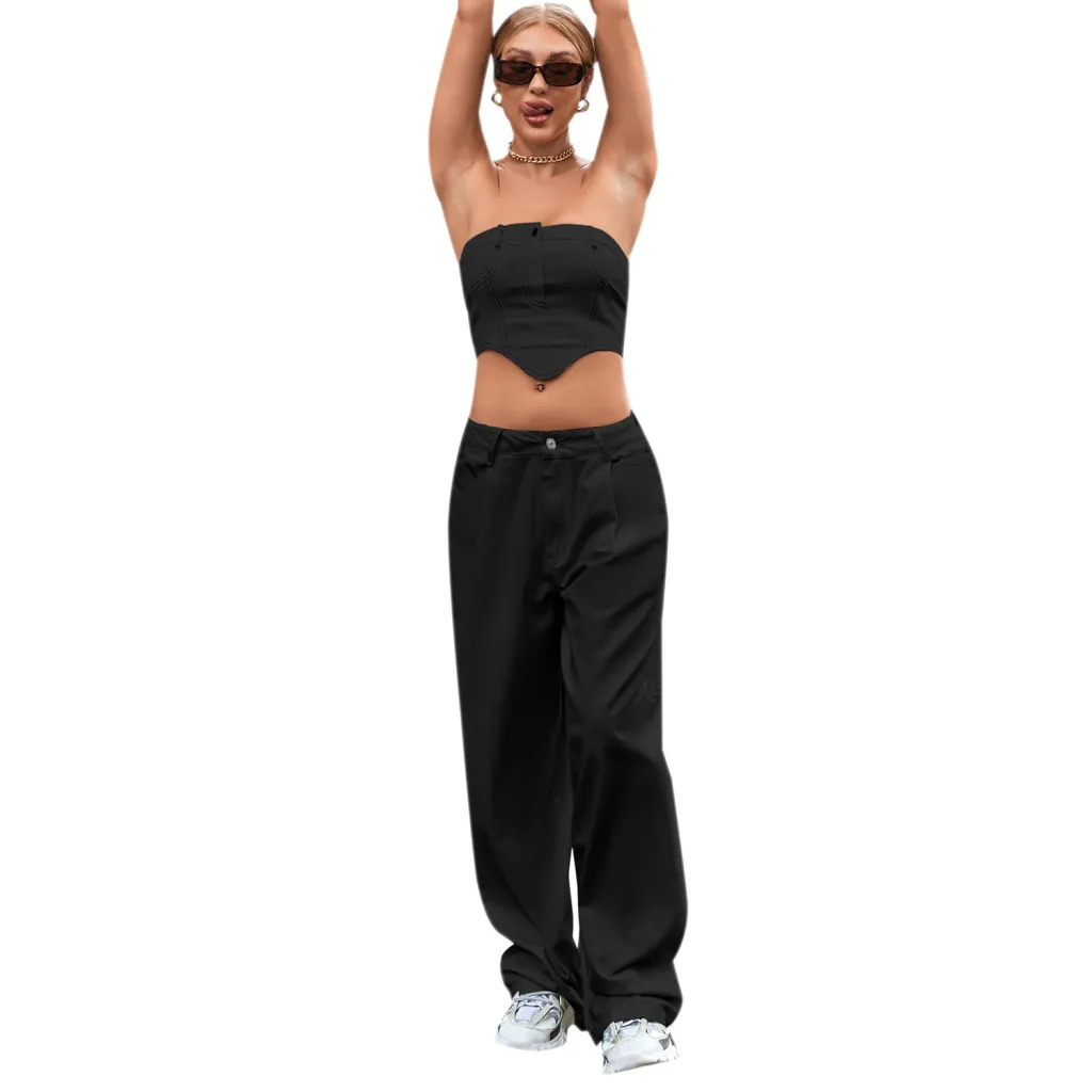 Women's Fashion Trendy High Waist Loose Denim Trousers - Black