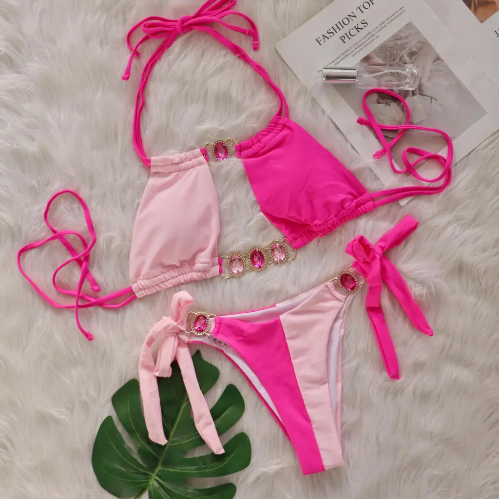 New Crystal Diamond Bikini European And American Patchwork Bandage Split Swimsuit - Pink