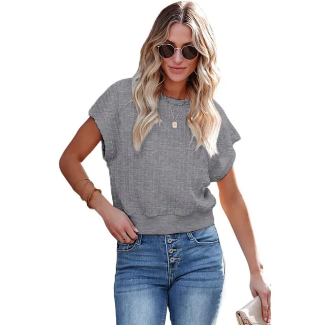 Knitted Texture Short sleeved Shirt European And American Solid Color Round Neck Slim Pullover Gray - Shop at LoveMi