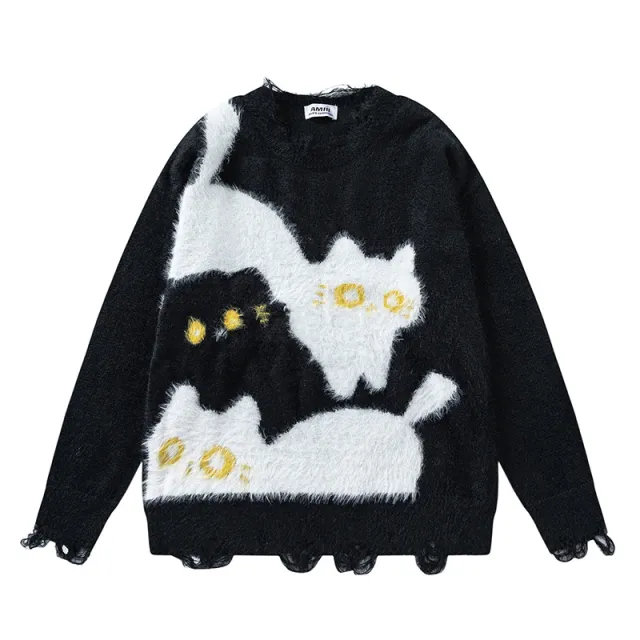 American Retro Plush Cat Ripped Tassel Design Sweater Black - Shop at LoveMi