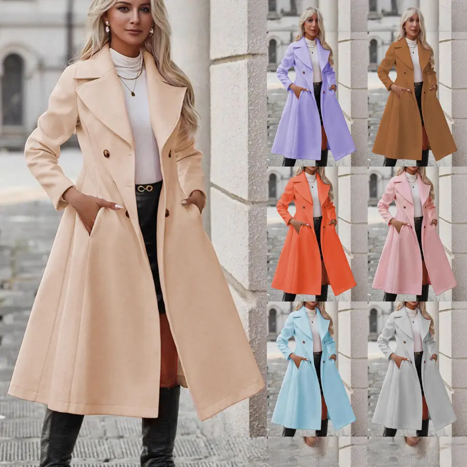Womens Solid-color Lapel Casual Double-breasted Long Trench