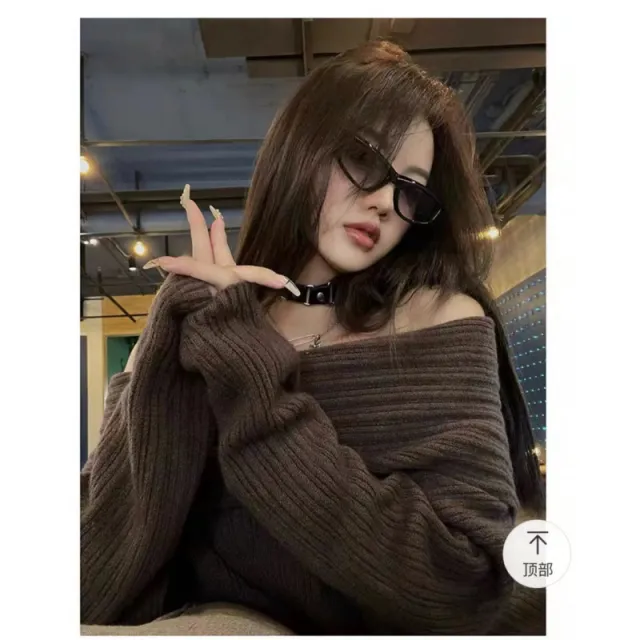 Lazy Style Shoulder revealing Red Atmosphere Off shoulder Sweater Brown - Shop at LoveMi