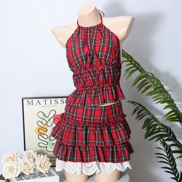 Lace up Backless Slim Fit Top Lotus Leaf Zipper Skirt Plaid Suit Red - Shop at LoveMi
