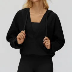 Big Pocket Hat Coat Large V-neck Loose Comfortable Outdoor Top - Black - View 1
