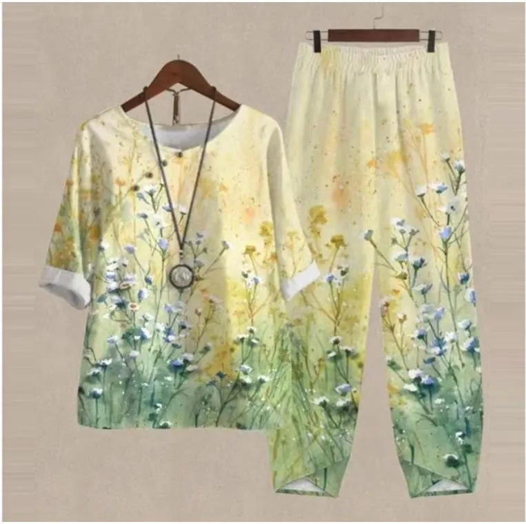 New Women's Five-quarter Sleeve Printed Top Two-piece Pants - Element 4-Xl