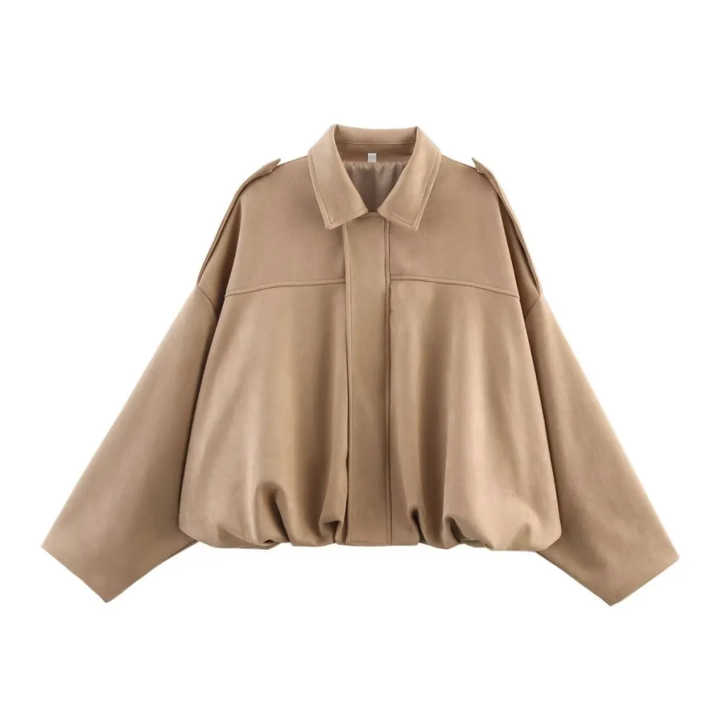 Pilot Jacket Batwing Sleeve Zipper Casual Top - Khaki