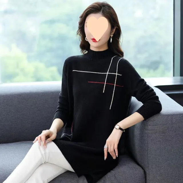 Half Turtleneck Western Style Mom Mid length Sweater Black - Shop at LoveMi