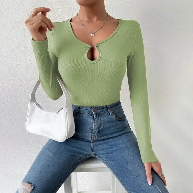 Slim fit Knitted Long sleeve Women's T shirt Fashionable Versatile Top Light Green - Shop at LoveMi
