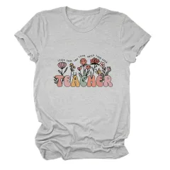 Casual TEACHER Floral Women's Loose Round Neck Short Sleeve - Light Grey Black Colour Picture - View 1