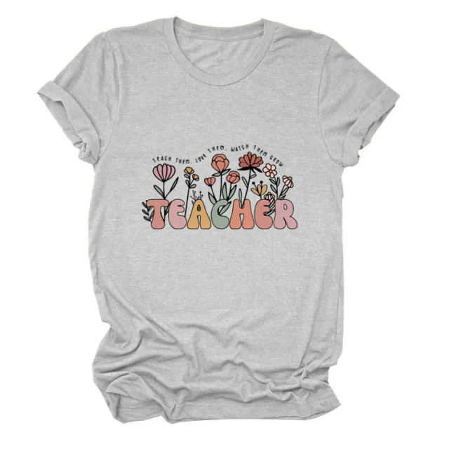 Casual TEACHER Floral Women's Loose Round Neck Short Sleeve Light Gray Black Color Picture - Shop at LoveMi