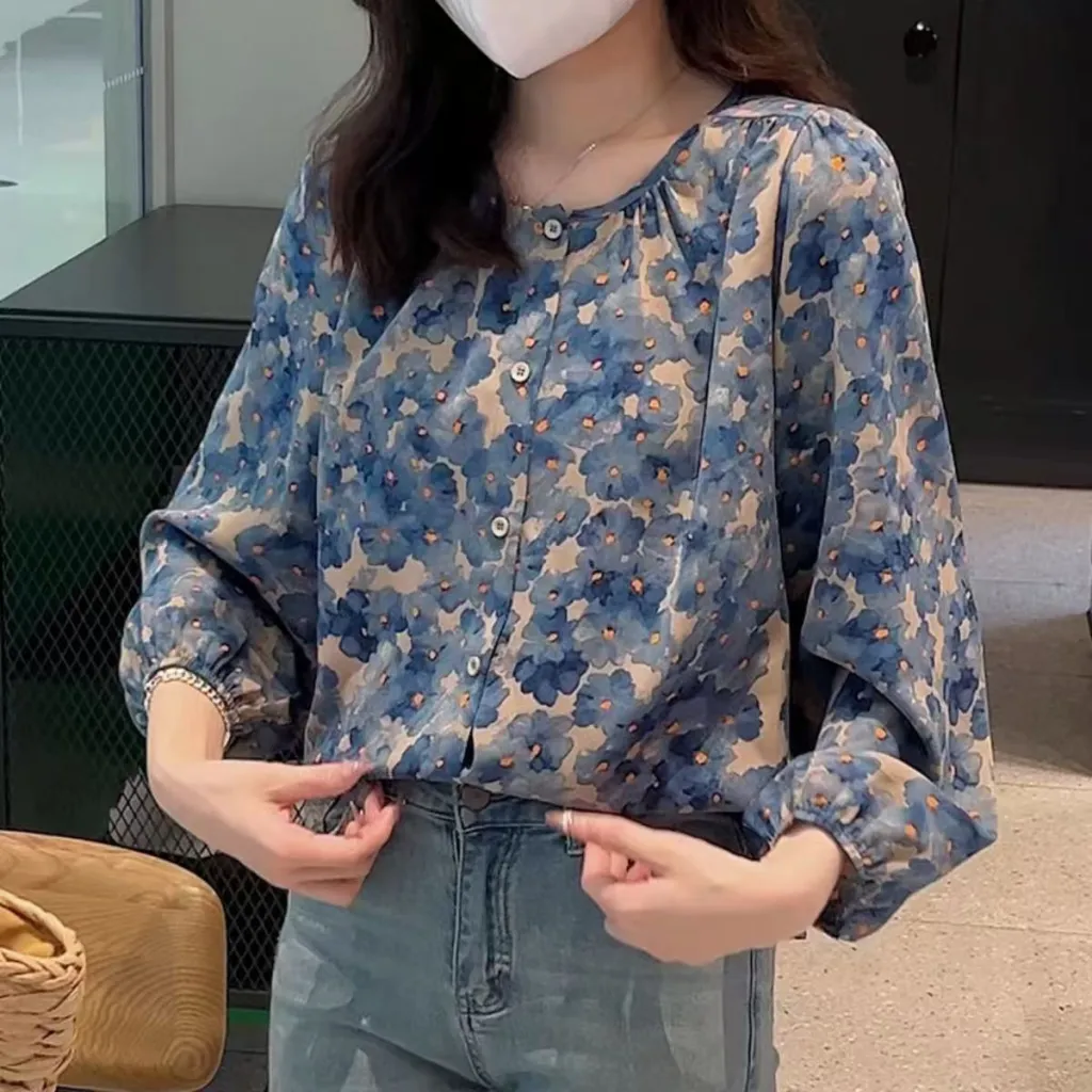 Floral Shirt Chiffon Blouses For Women - Blue