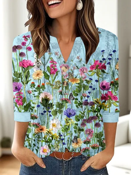 Casual Printed V neck Top T shirt Women's Clothing Xkkj01Tcfs4968 - Shop at LoveMi