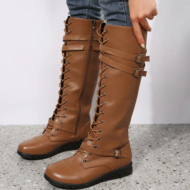 Round Toe Front Lace up High Tube Side Zipper Knight Boots Yellow - Shop at LoveMi