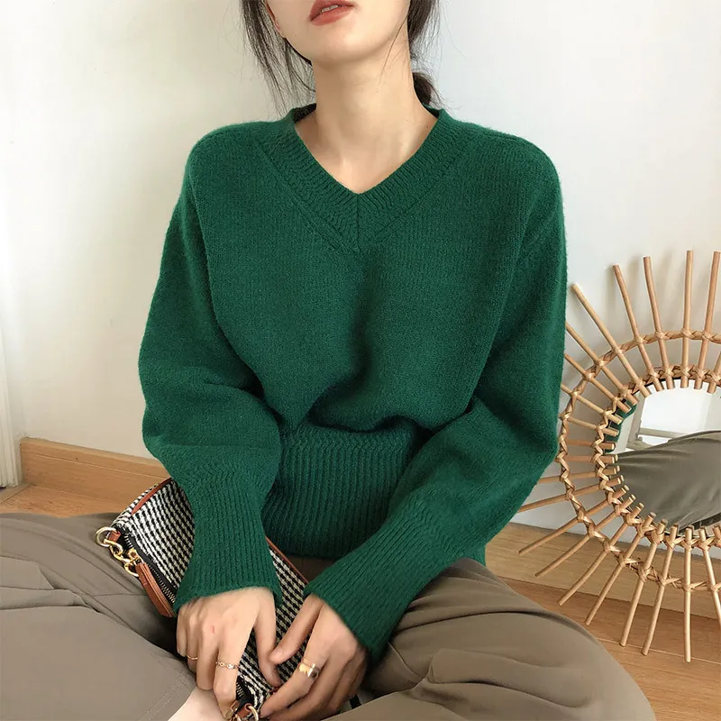 Winter Thermal Bottoming Shirt Solid Color Soft Glutinous V-neck Sweater For Women - Green