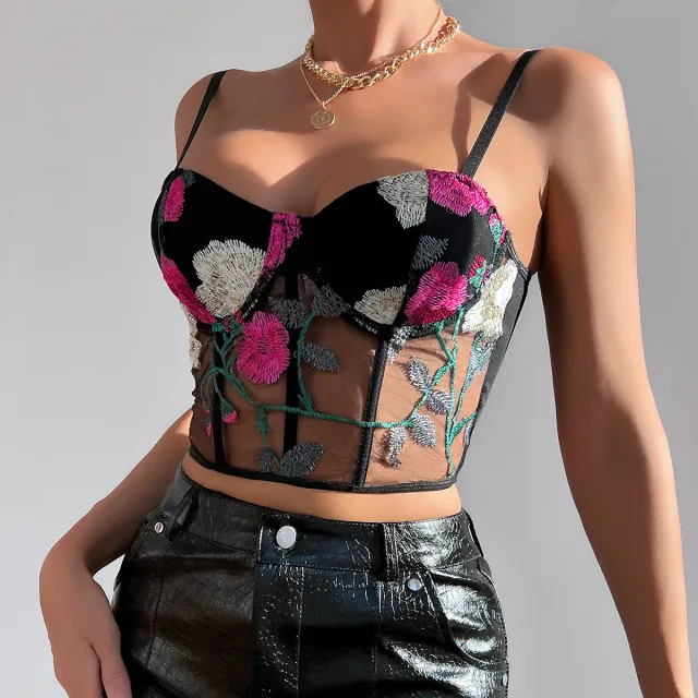 Women's Vest Retro Net Yarn Flowers Embroidered Vest Red - Shop at LoveMi