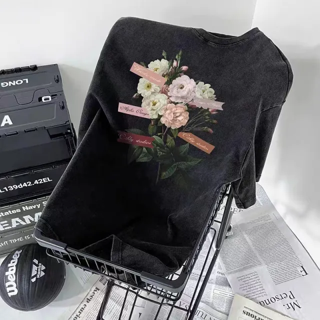 Flower Print Couple Ins Half Sleeve T shirt Black - Shop at LoveMi