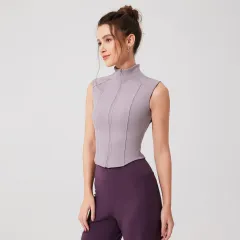 Women's Pure Color All-matching Stand Collar Sleeveless Sports Top - Purple - View 1