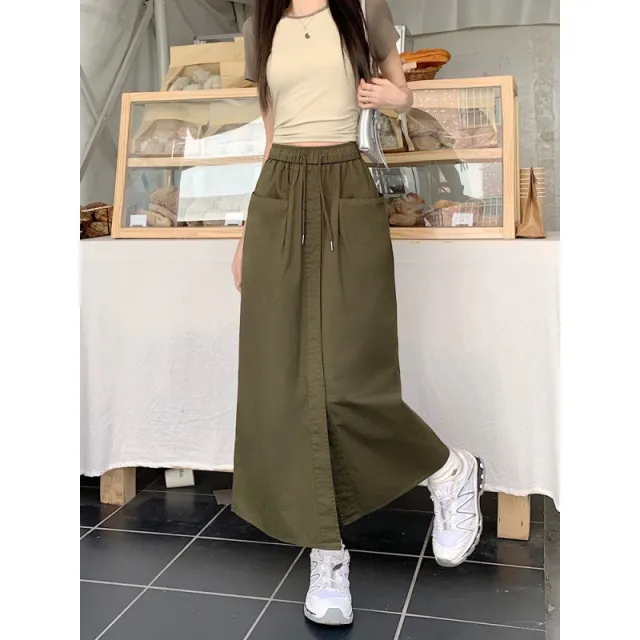 Women's Korean Style Sense Of Design Washed Cotton Midi Skirt Army Green - Shop at LoveMi