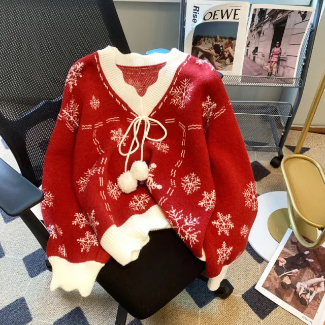New Year Atmosphere Short Women's Autumn Thickening Long Sleeve Sweater Red - Shop at LoveMi