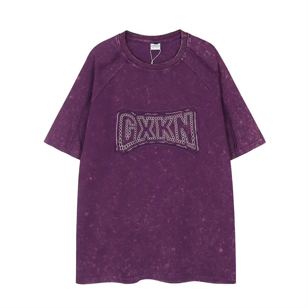 Letter Patch Embroidered Washed And Worn T-shirt