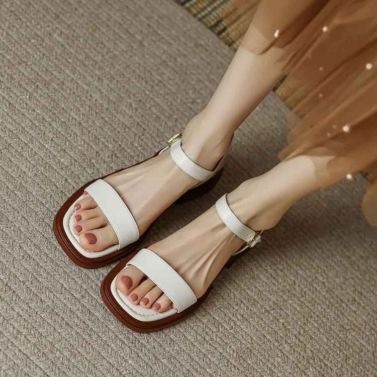 Elegant Chunky Heel Ankle Strap Roman Sandals - White