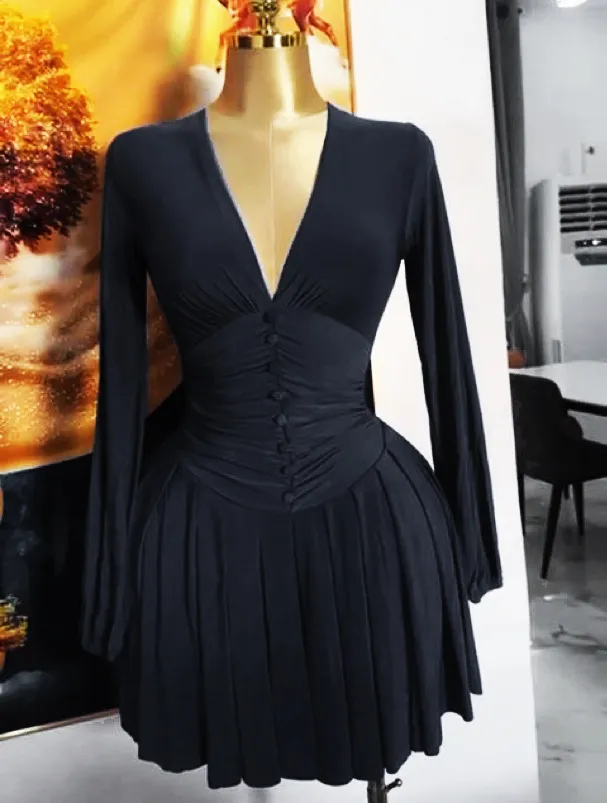 French style Womens Pleated V neck Long sleeve Dress Black - Shop at LoveMi