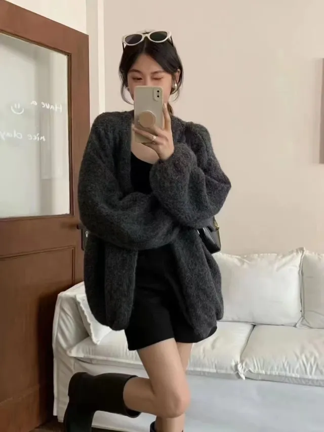 Autumn And Winter Loose Alpaca Fleecefiber Knitted Cardigan Gray - Shop at LoveMi