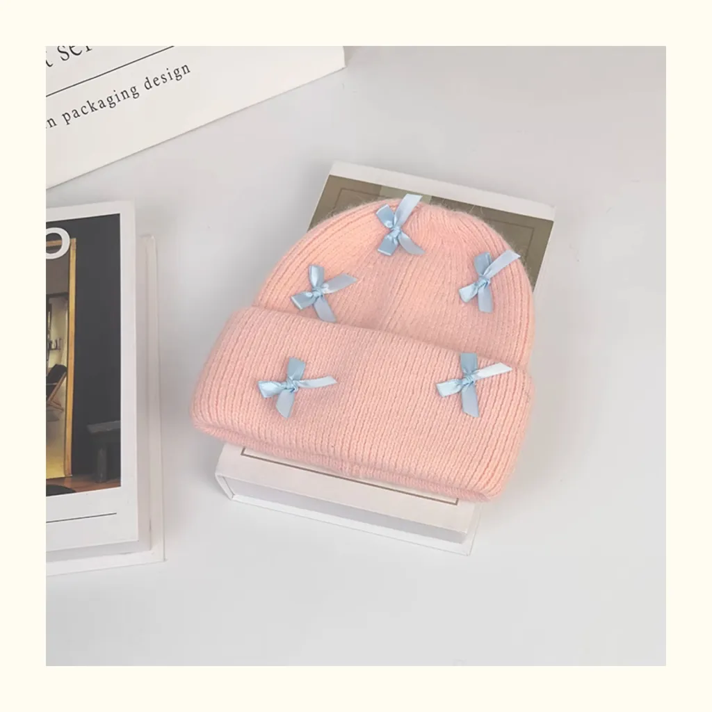 Women's Cute Bow Ribbon Rabbit Fur Knitted Hat - Pink